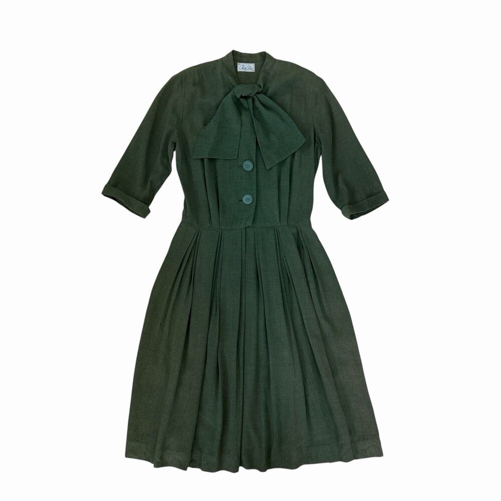 Vintage 50’s Nelly Don Moss Green Gabardine Shirtwaist Dress w/ Pleated Skirt, M